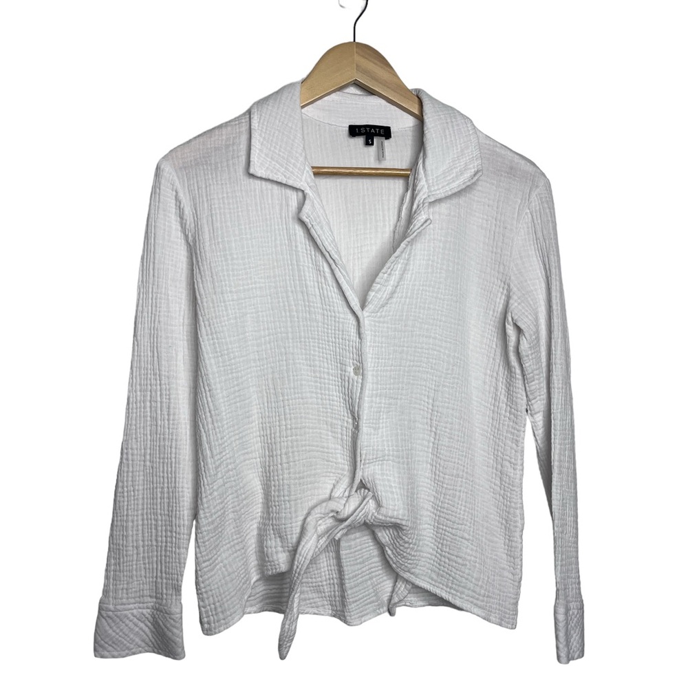1.STATE White Tie-Front Button Up Gauzy Top